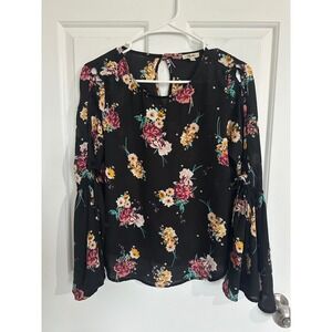 Lily Star Black Floral Cold Shoulder Bell Sleeve Boho Blouse Womens Size S
